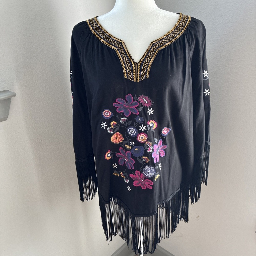 Ariat Womens Fringe Floral Embroidered Western Boho Tunic Top Cowgirl Size Large